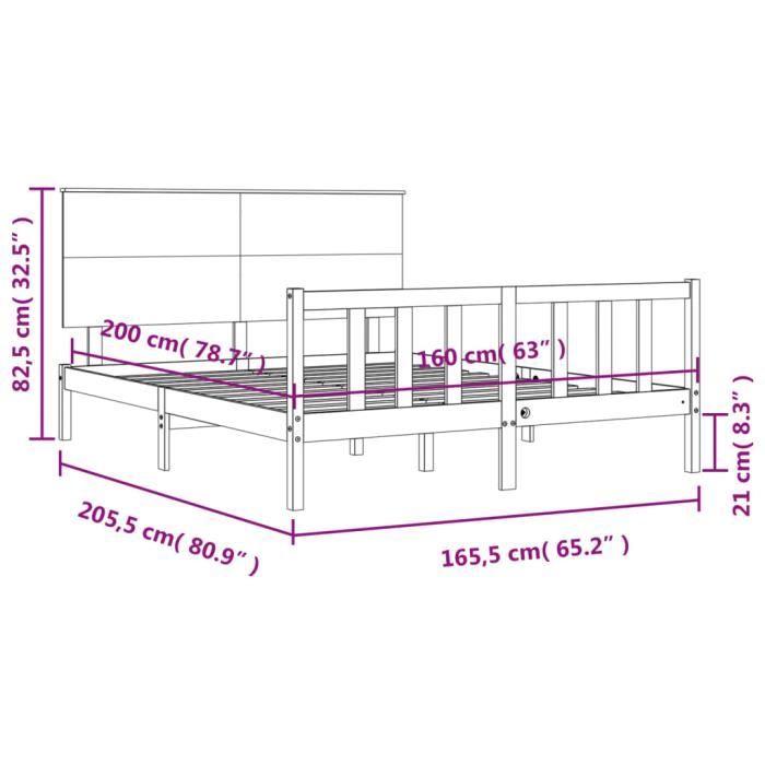 VidaXL Cadre de lit avec tête de lit 160x200 cm bois massif 3193411