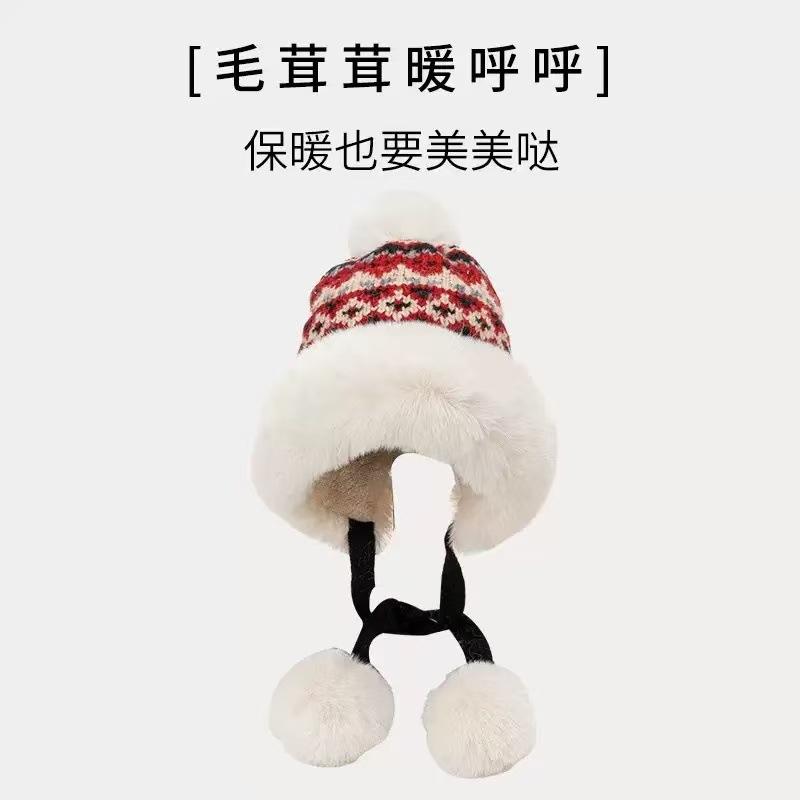 Winter Women's Velvet Thickened Warm Knitted Hat Mongolian Ear Protector Wool Hat Big Head Circumference