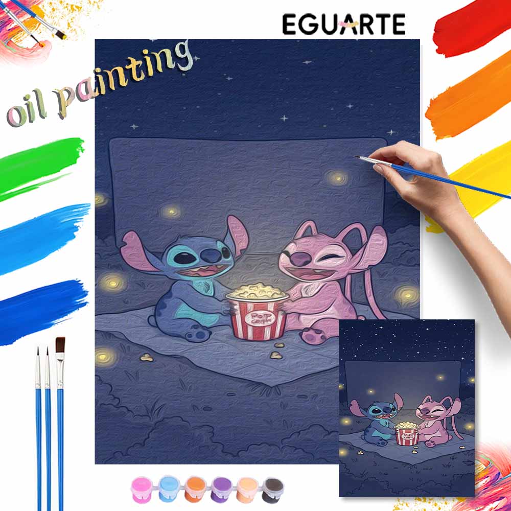 Disney Stitch and Angel eating popcorn oil painting art set handmade diy gift home decoration