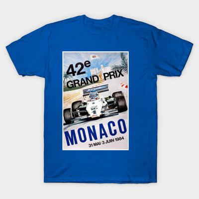 Men Black Print T-shirt Monaco Vintage 1984 Grand Prix Auto Road Racing Poster Print No-Cut Transfer Paper Print Cotton Tshirt