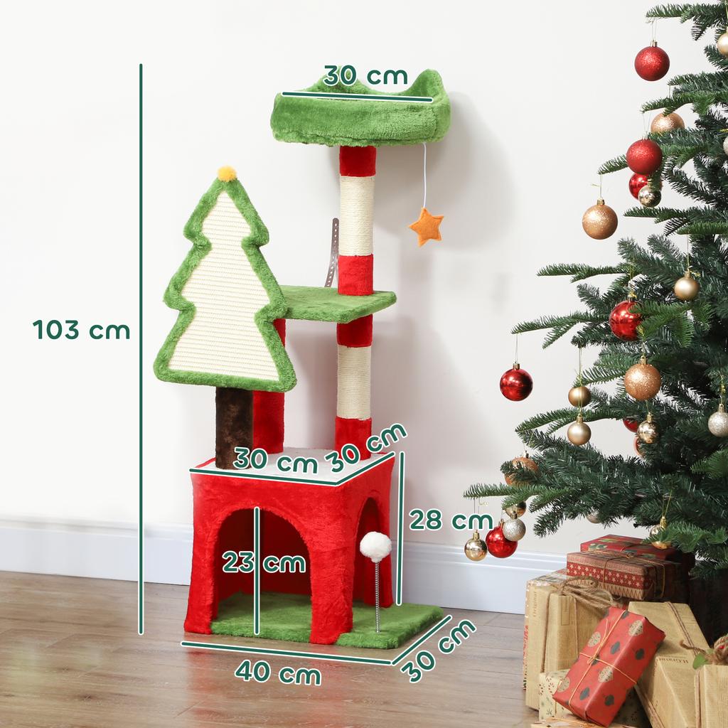 Christmas Cat Tree, 120cm Cat Tower with Scratching Post & Board, Platform, Toys, Green
