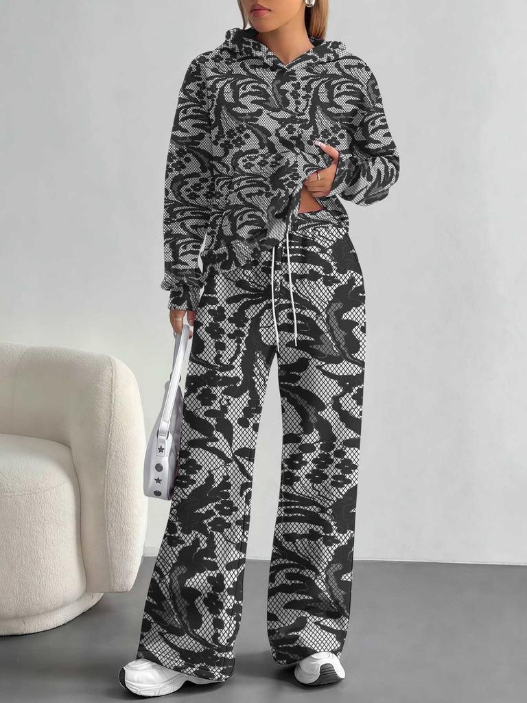 Flowers European, American Autumn and Winter Casual Long-sleeved Suit Women's Hooded Sweater Trousers Two-piece Set