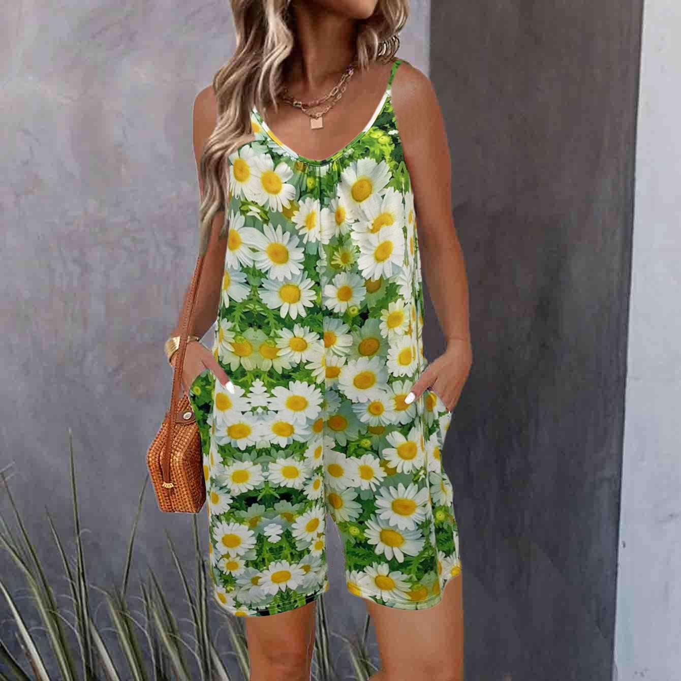 

Комбинезон с цветочным принтом в стиле бохо, короткий комбинезон без рукавов «спагетти» для отпуска, женская одежда XXL зелёный