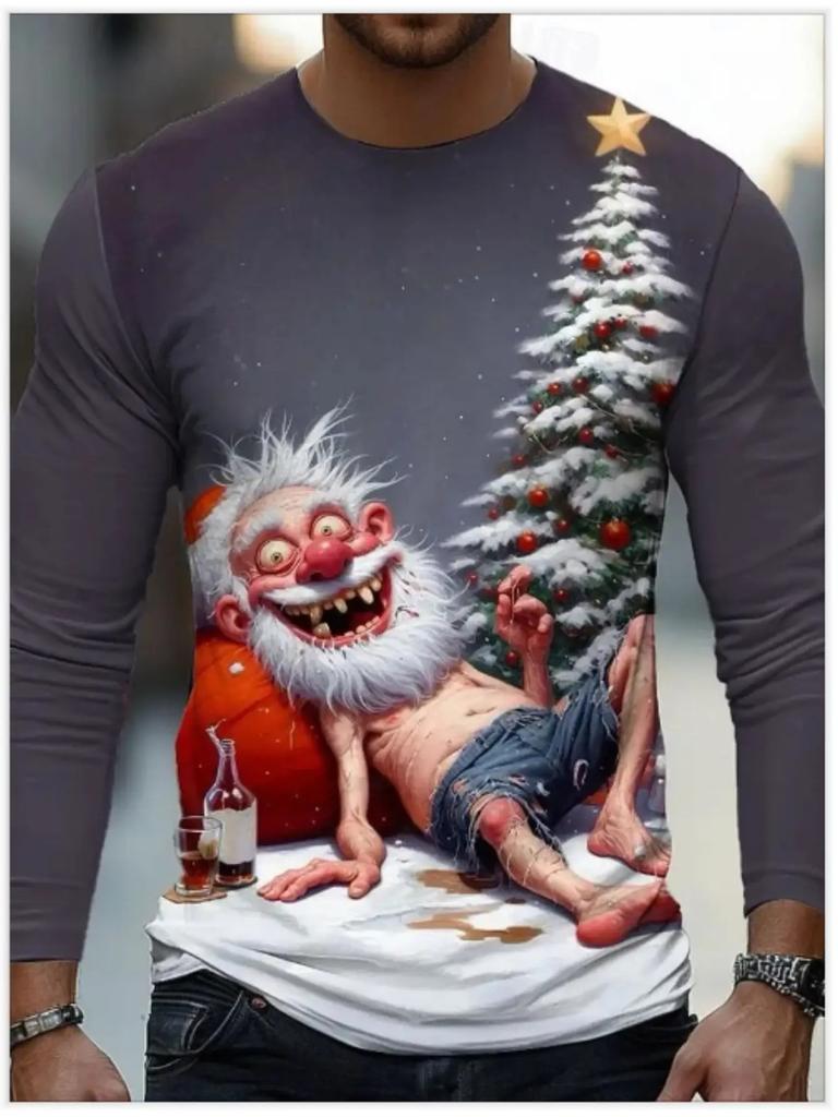 Men 3D Santa Gnome Print Christmas Long Sleeve Tee Plus Size