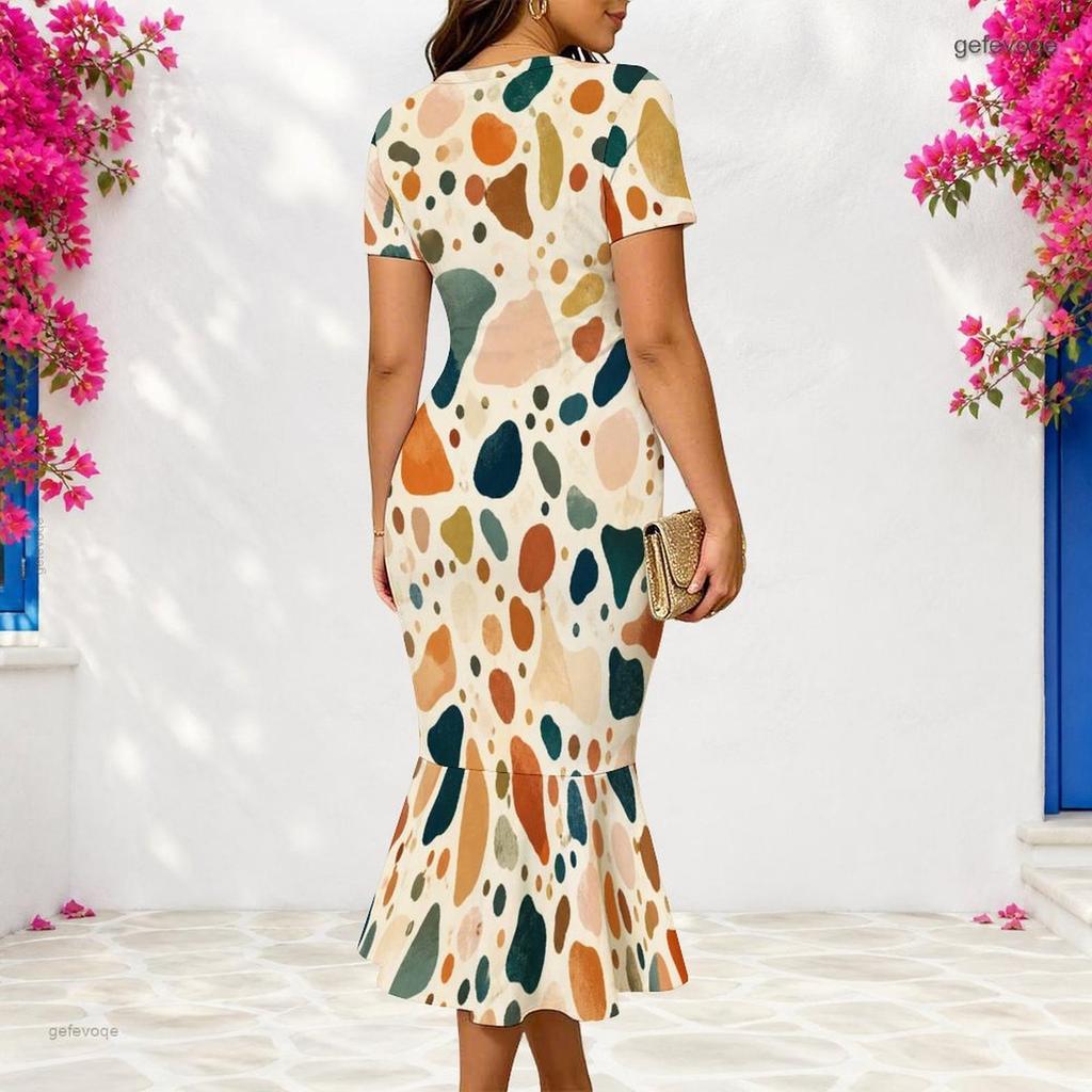Women Plus Size V Neck Short Sleeve Geometric Printed Fitted Fishtail Dress