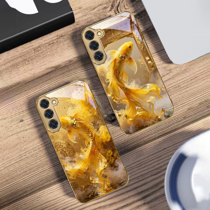 Harmonious Golden Carp For Samsung Galaxy S20 FE S21 S22 S23 Plus S24 Ultra 25Ultra S21+ S9+ S22Plus Golden Glass Phone Case