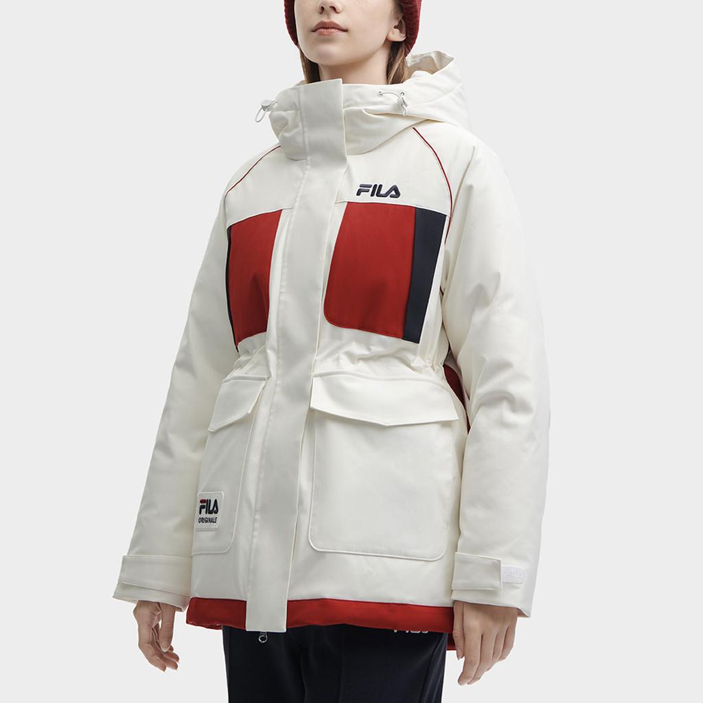 Fila Color Block Hooded Logo Print Casual Mid-Length Parka Down Jacket Women Outerwear Cloud-Mushroom-White F11W349905FWT