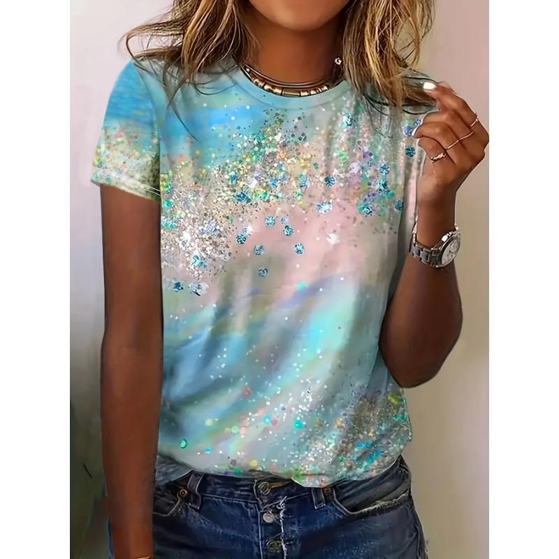 

Women s Round Neck Colorful Rainbow Printed Short Sleeved Shirt T-shirt XL