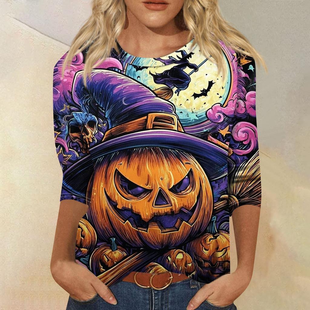 Women's Fashion Casual Three-quarter Sleeve Halloween Printed Round Neck Top