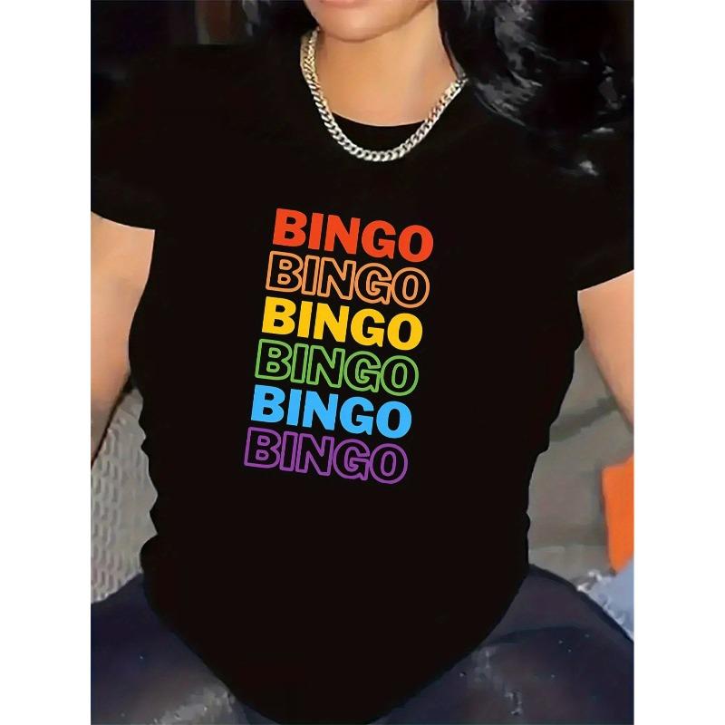 Bingo Print Short Sleeve T-Shirt - Black & White with Colorful Bingo Games Design | Lightweight Round Neck Casual Top