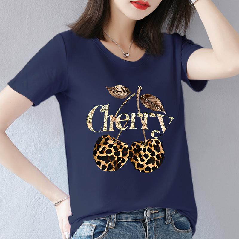 

cotton 100% Leopard Print Cherry Print Short Sleeve T-shirt Round Neck Fashion Casual Short-sleeved T-shirt Top Graphic T Shirts XL