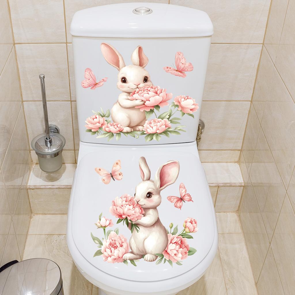 Cute Rabbit Peony Toilet Decoration Stickers, Bathroom Toilet Beautification Stickers