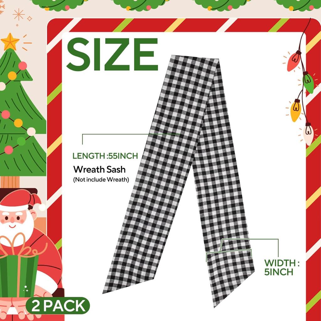 2 Pack Wreath Sash for Front Door Boxwood Wreath Sash Garland Front Door Porch Decor(White and Black Plaid)