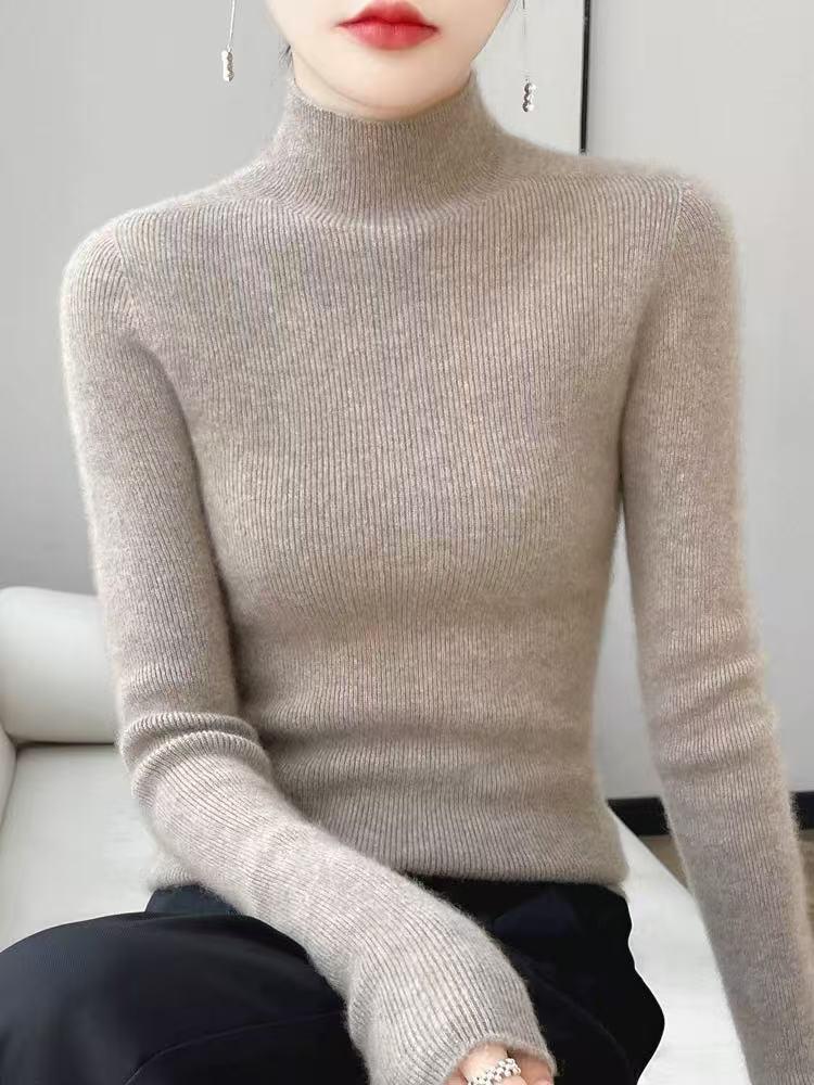 Women’s 2025 Autumn/Winter Pure Wool Sweater, Half-High Neck, Ribbed, Slim-Fit, Figure-Flattering with Cashmere Inner Layer