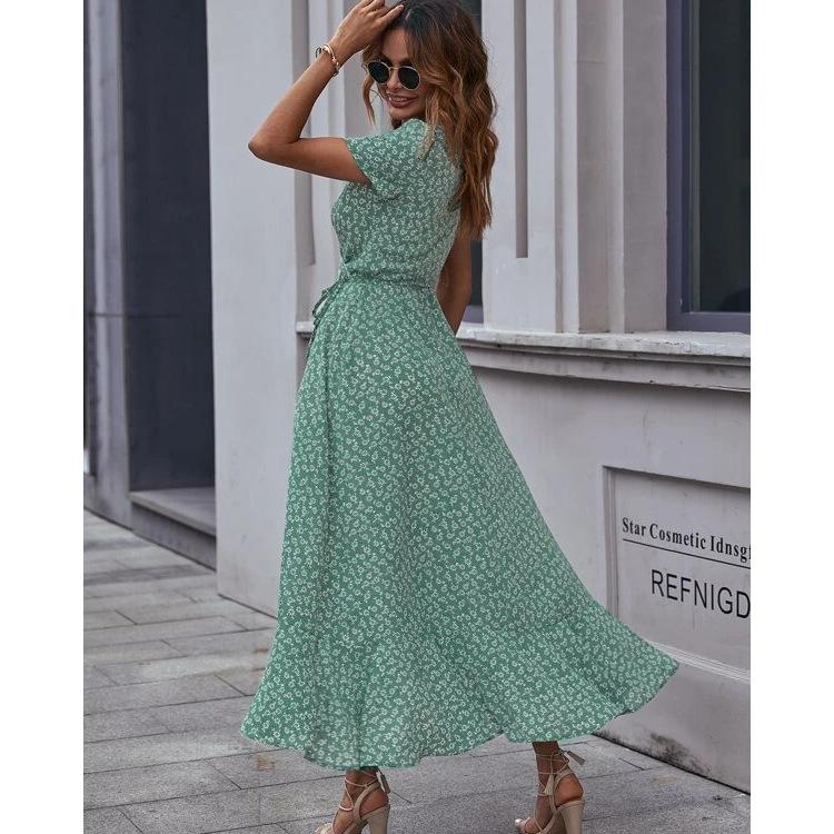 Summer Woman's Dress Small Floral V-neck Cardigan Straps Short Sleeve Bohemian Big Swing Vacation Dress