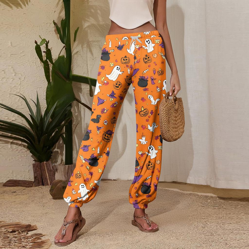 Women's Halloween Print Joggers Sweatpants - Drawstring Elastic Waist Cuffed Casual Pants for Fall Holiday Party