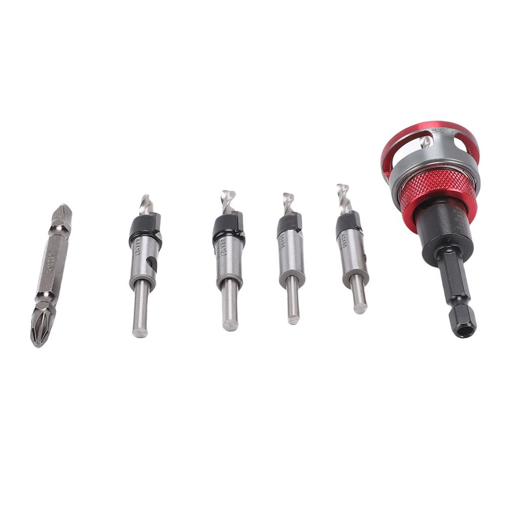 Countersink Drill Bit Set Kit with Limit Adjustable Depth Stepped for Concealed Screws Wood Metal Red