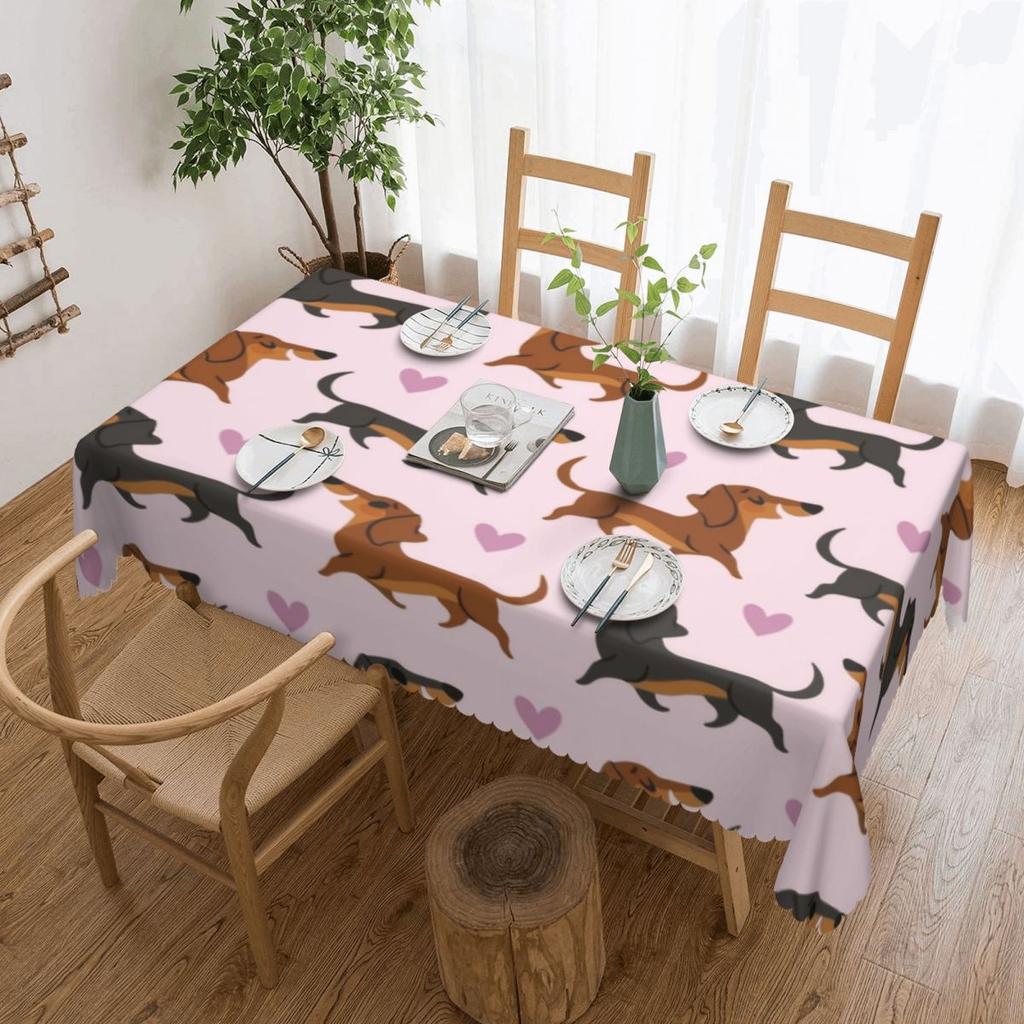 Rectangular Couple Dachshund Dog Pattern With Heart Table Cloth Waterproof Tablecloth Outdoor Table Cover