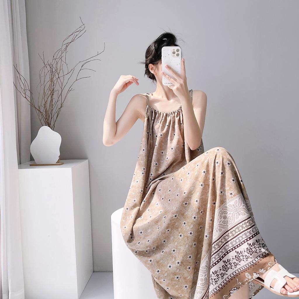 Cotton silk summer bohemian print suspender dress women's ethnic style retro loose medium and long vacation dress