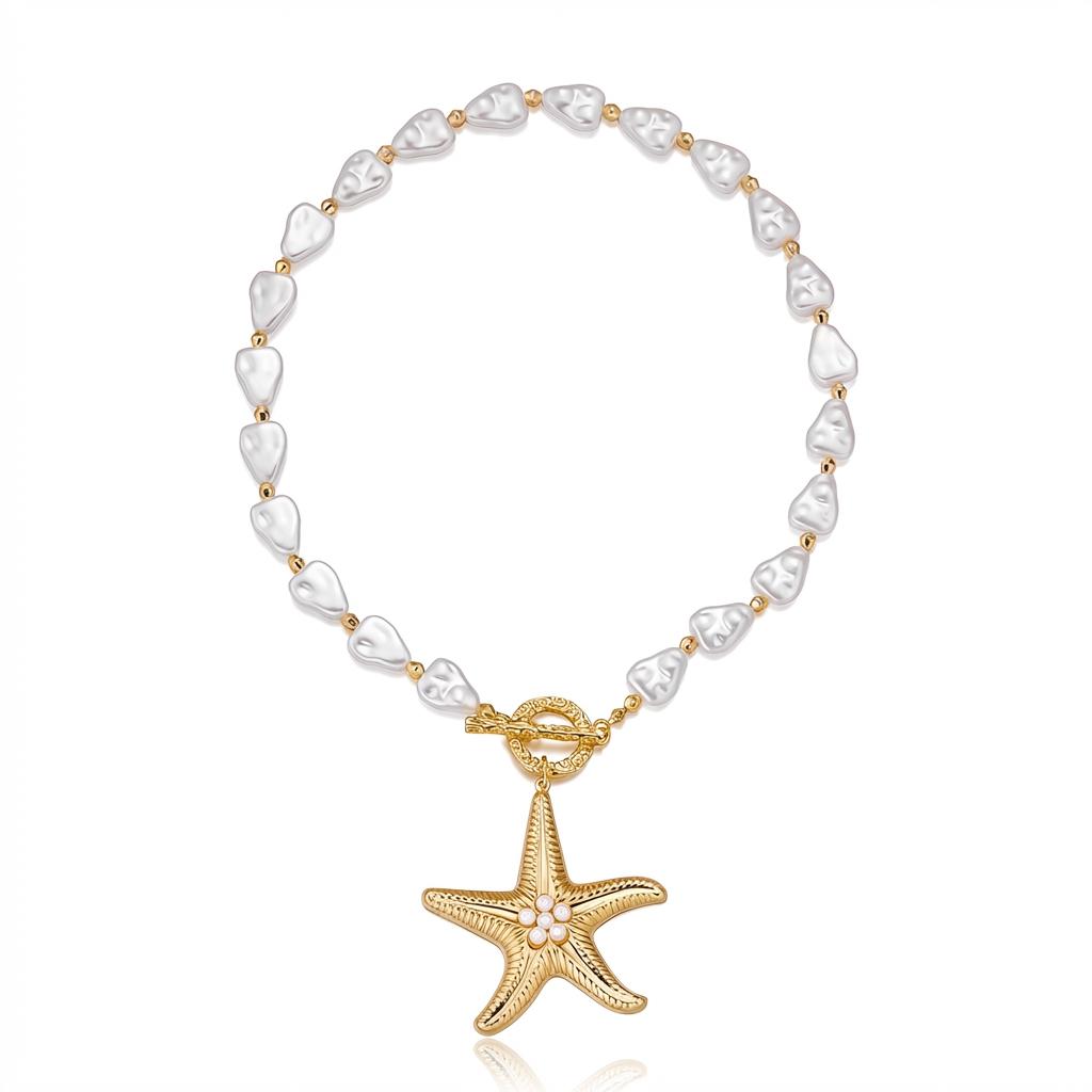 

Boho Starfish Simulated Pearl OT Toggle Necklace Summer Beach Vacation Choker Jewelry For Women