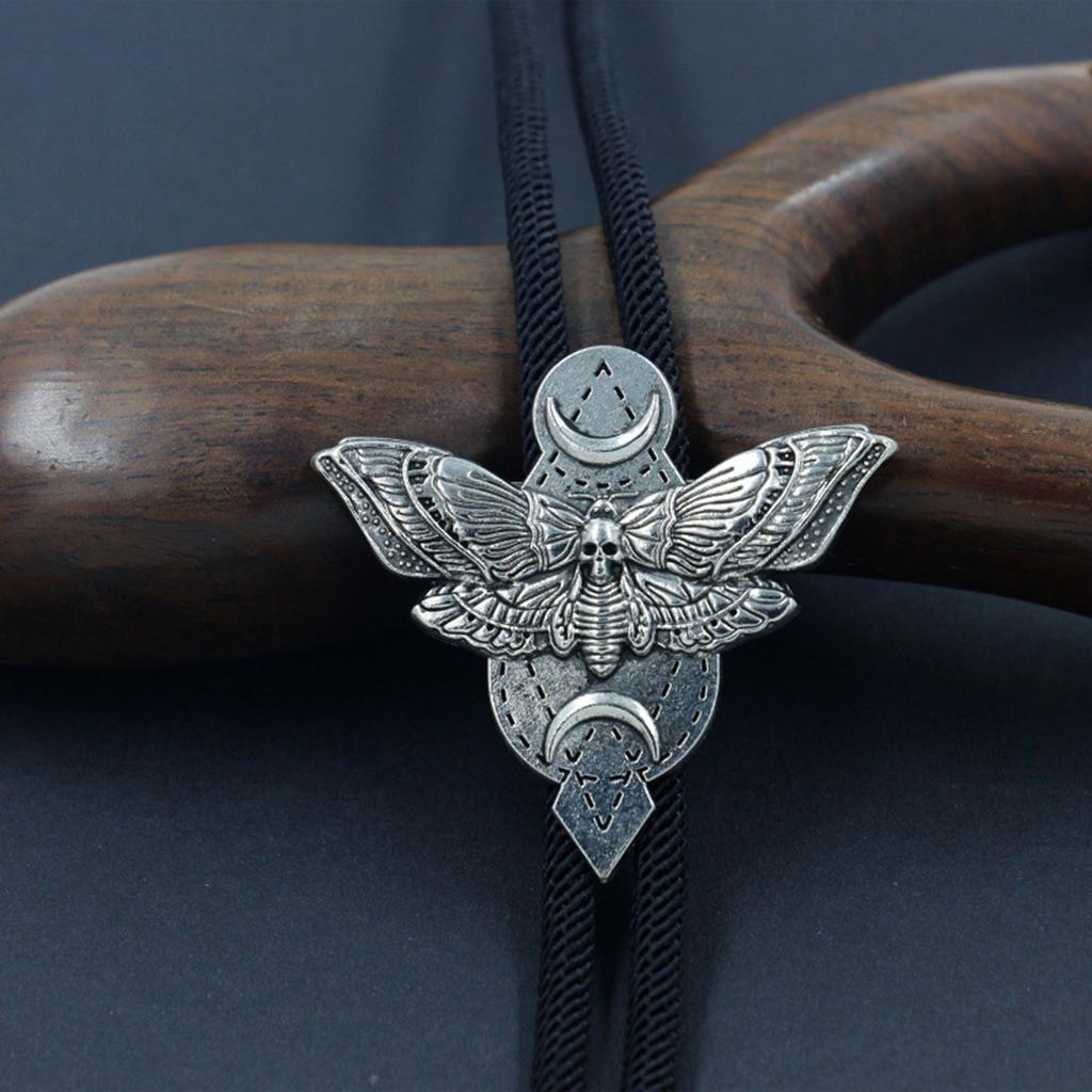 Stylish Western Braided Rope Bolo Tie with Death Skull Moth Motif for Music Festival Punk Adjustable Necktie Necklace