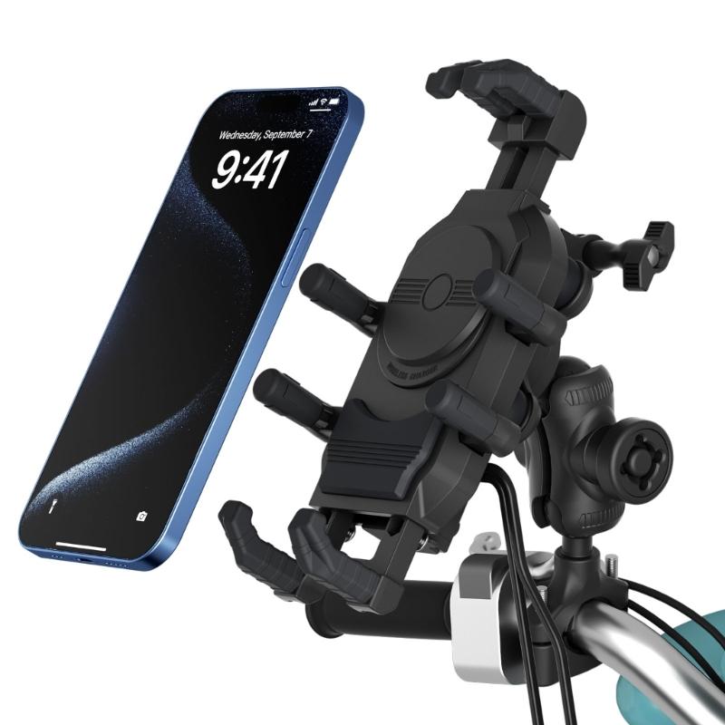 Motorcycle Phone Mount with 15W Wireless Charging & Vibration Dampener,AntiTheft, AntiShake, Adjustable Phone Holder