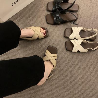 Frans Vintage Veelzijdig Kruis met Open Teen Platte Sandalen Dames Zomer 2024 Nieuwe Kust Strand Romeinse Schoenen