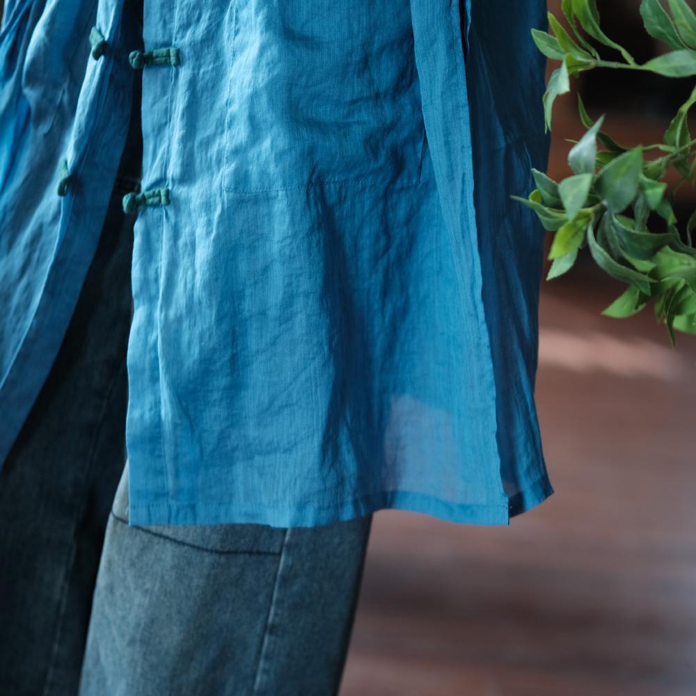 Johnature Women Vintage Long Shirts Stand Long Sleeve Button Patchwork Pockets Spring Chinese Style Blouses