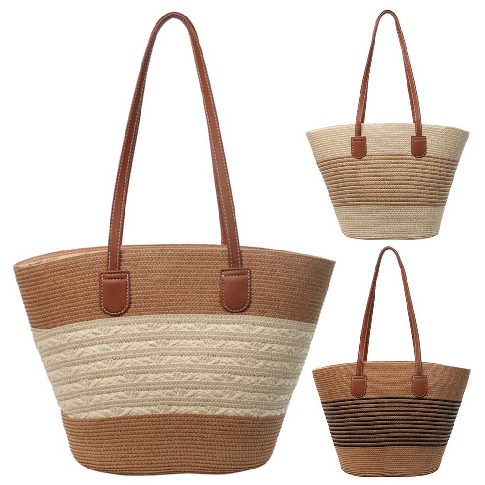 Large Capacity Straw Woven Tote Bag for Women Stylish Solid Color Shoulder Bag for Work Shopping Beach Use