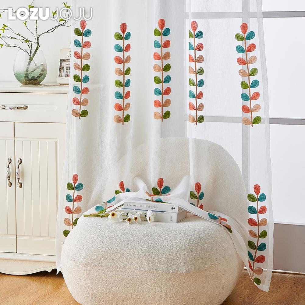 1PC LOZUJOJU White Tulle Modern Rural Style Embroidered Colorful Sheer Curtaint Window Drape for Living Room Bedroom Home Decor