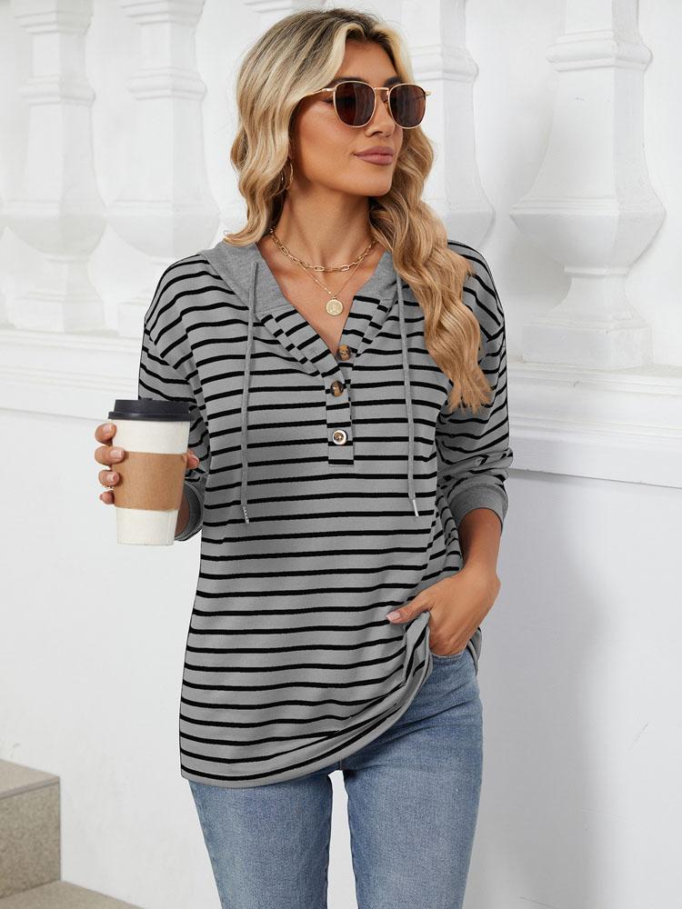 Elegant and Fashionable Fall and Winter Comfortable Hooded Button Drawstring Casual Long Sleeve Sweatshirt Top Pullover Hoodies