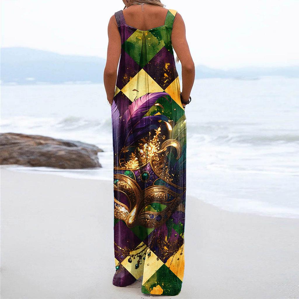 Wide Leg Overalls For Women Casual Loose Sleeveless Print Button Long Pant Romper Jumpsuit With Pockets