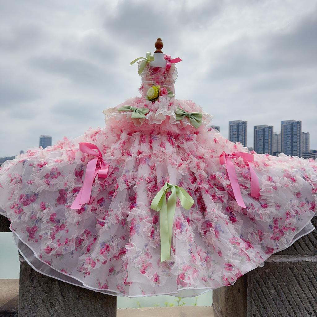 2026 Pet Dog Clothes Luxury Pure Handmade Fashion High-end Pink Roseflower Lace Tail Long Dresses For Small Medium Dog Chihuahua