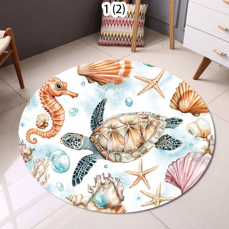 Vibrant Underwater World Rug Round Ocean Carpet with Turtle Seahorse Fishes Colorful Marine Life Mat for Kids Room Beach Decor