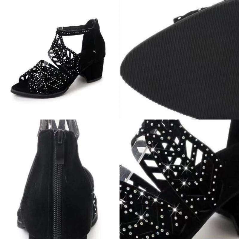 2025 New Womens Sandals Hollow Out Faux Leather Womens Pumps Rhinestone Block Heel Zip Sandals Fashion