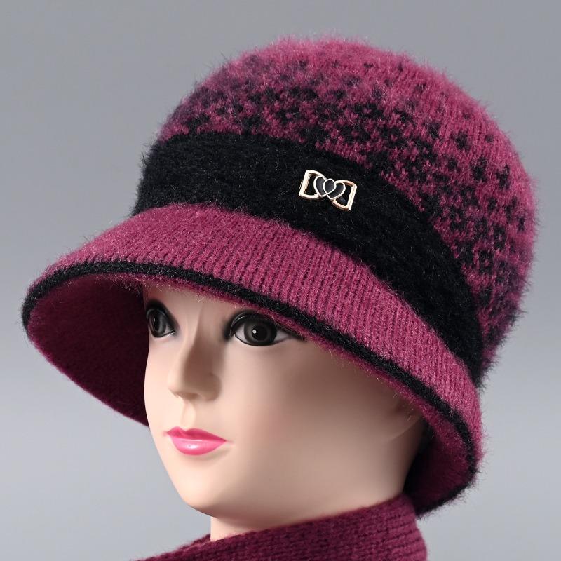 Hat Female Autumn and Winter Rabbit Hair Big Eaves Knitted Hat Old Hat Old Lady Fleece Warm Wool Hat