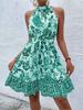 Women's Halter Sleeveless Mini Dress Loose Fit Self Tie Waist Floral Print A Line Sundress