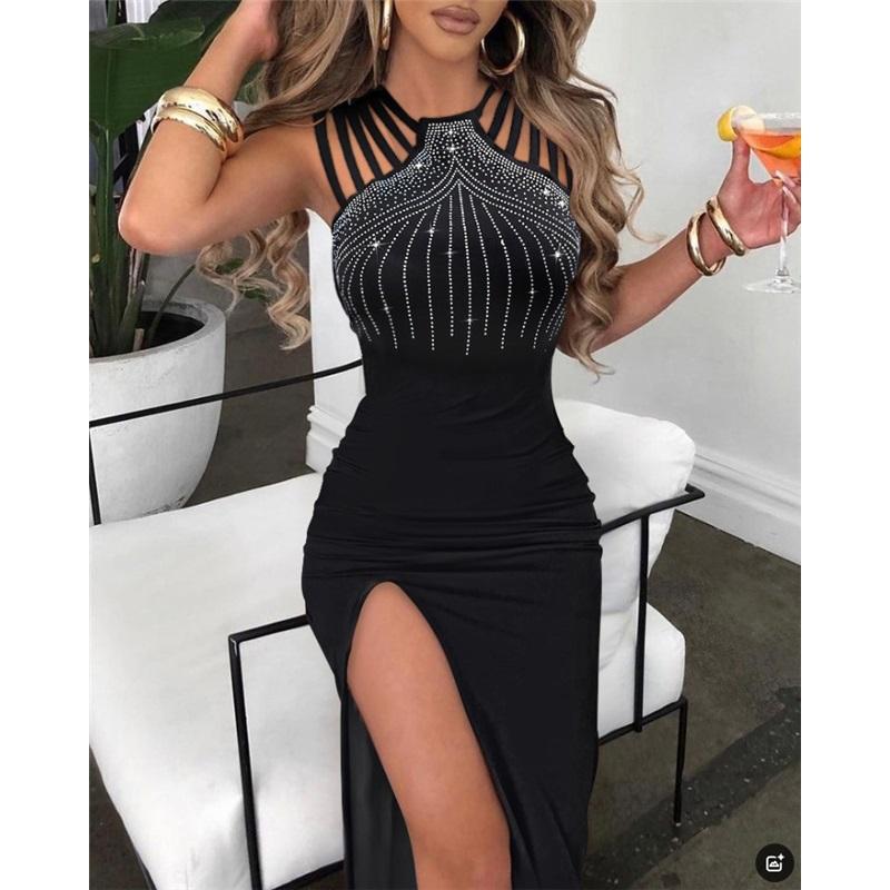 

Summer Ladies Temperament Hot Diamond Split Hip Wrap Dress Skirt Nightclub Dinner Dress Hanging Neck Tight Waist Sexy Party Dress L чорний