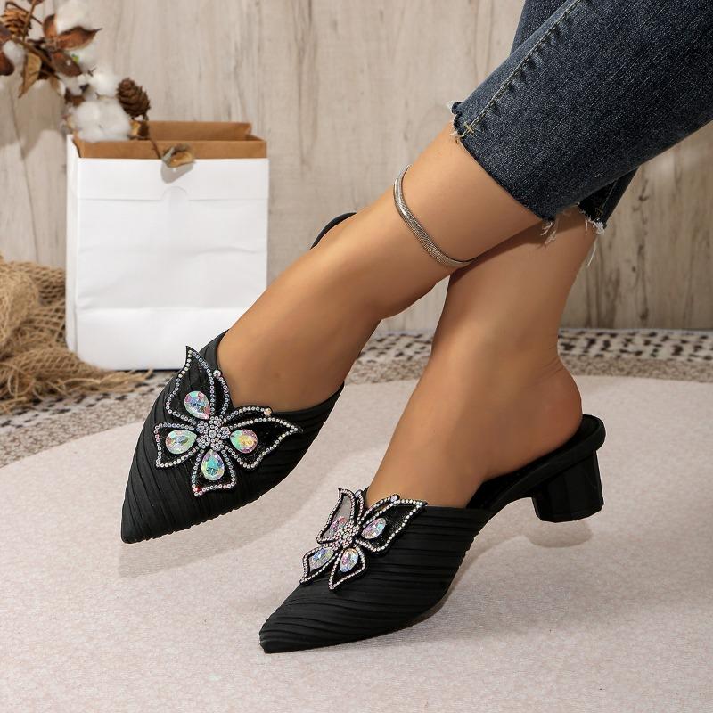 Fashion Women's Baotou Slippers Spring New Pointed Head Shallow Mouth Rhinestone Butterfly Knot Anti-slip Wear-resistant High Heels