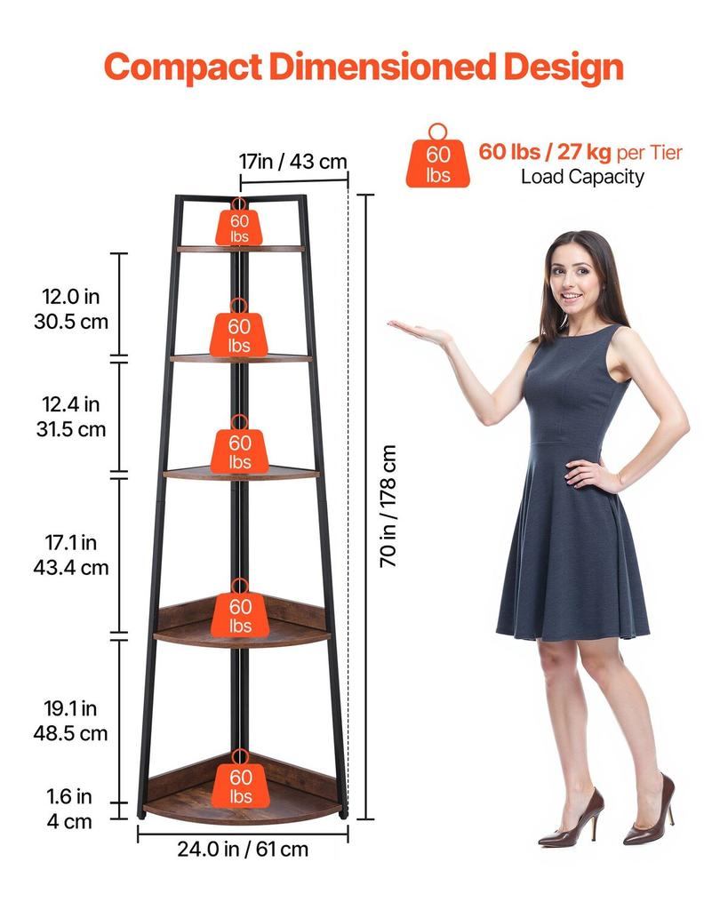 5 Tier Corner Shelf, Tall Corner Bookshelf Plant Rack, Wall Shelves Tower Storage Organizer with Metal Frame & Wooden Shelves, Narrow Display Book