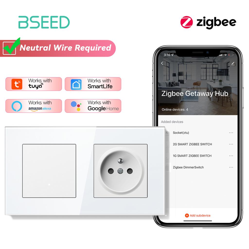 BSEED Zigbee 1/2/3/4Gang Smart Mechanical Button Switches Tuya Alexa Control Plus Normal French Power Socket Plug Glass Panels