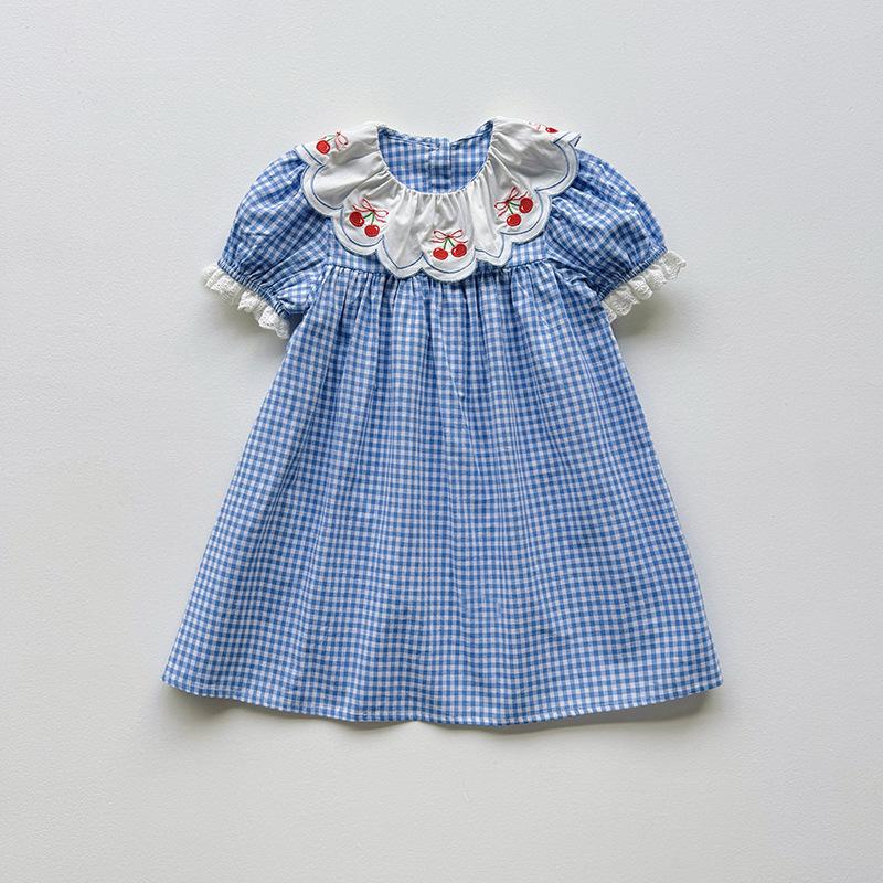 Girls Summer Cherry Embroidered Petal Collar Plaid Short Sleeve Dress Baby Princess Skirt 90cm