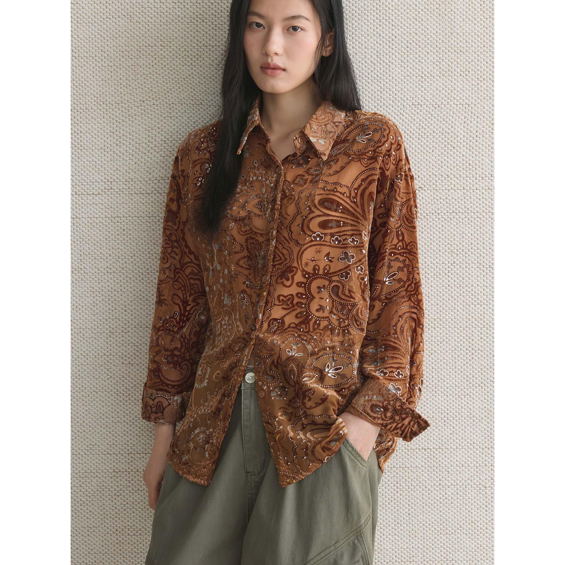 

Japanese Retro See-through Lapel Flock Print Shirt for Women One Size жёлтый
