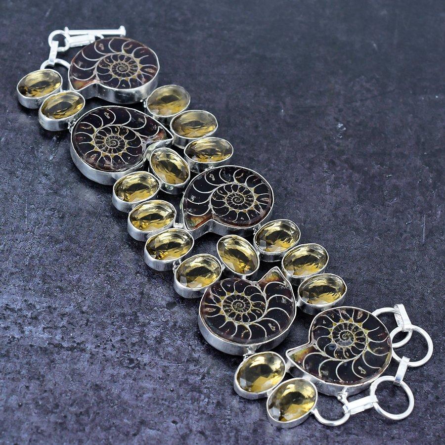 Ammonite Fossil, Topaz Gemstone 925 Sterling Silver Bracelet 7-8"