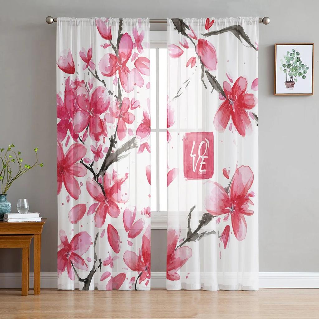 Art Cherry Blossom Branch Moderní tištěné tylové závěsy do ložnice Balkonová výzdoba oken Kreativní móda Domácí průsvitná záclona