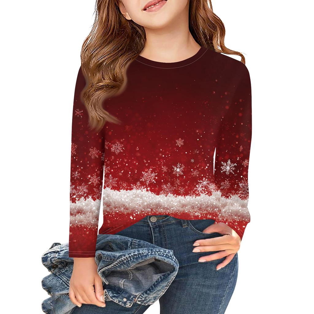 Weihnachtstag Mädchen Langarm T-Shirts Kinder Herbst Oberteile Rundhalsausschnitt Bedruckte Basic T-Shirts