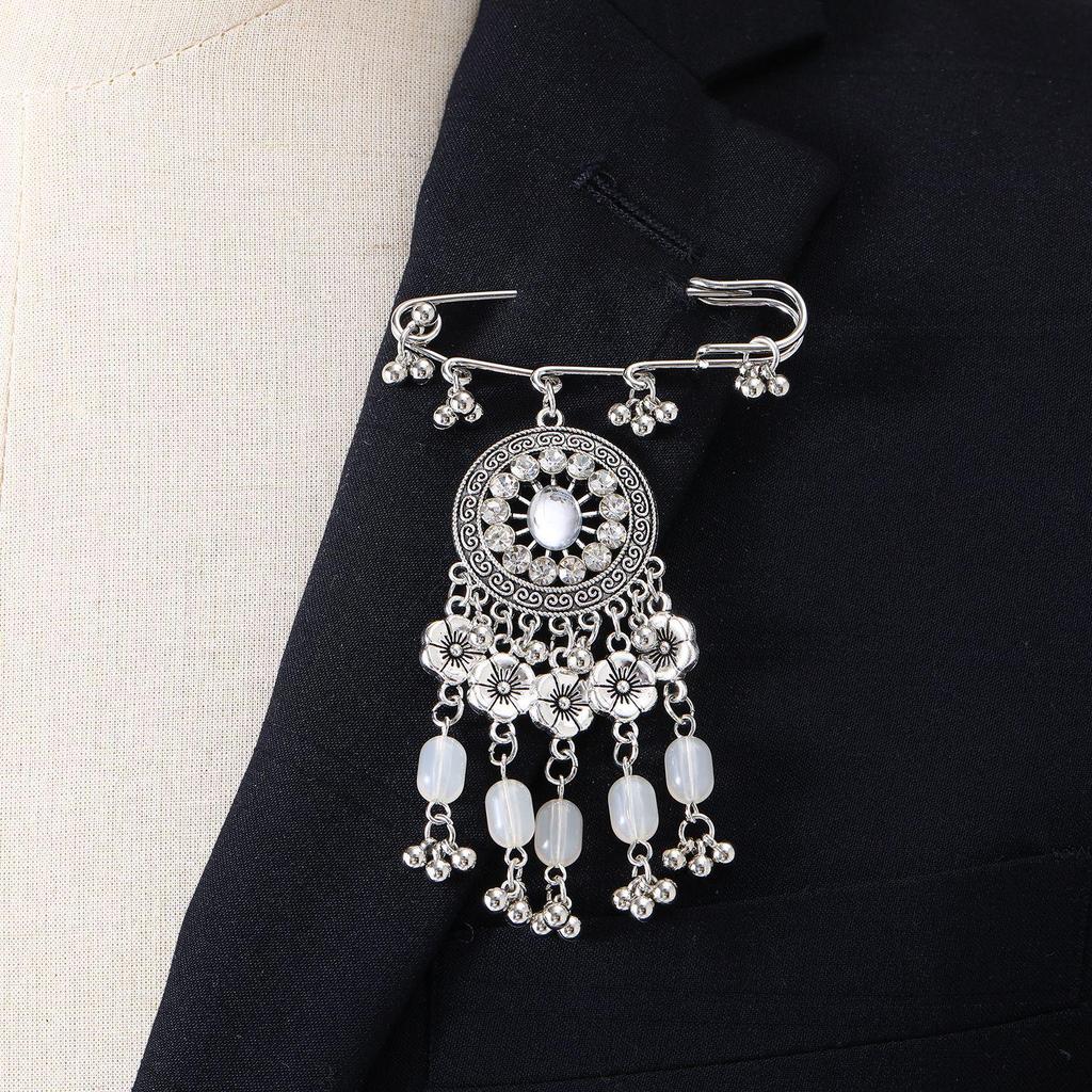 Bohemian Rhinestone Flower Tassel Brooch for Women - Exotic Style Suit Coat Pin