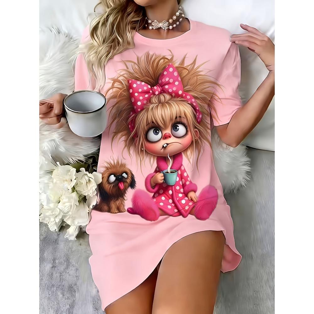 Casual Round T-Shirt Dress Featuring a Cute with Coffee And a Puppy Print