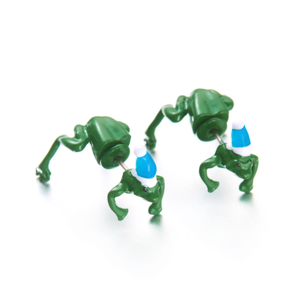 Funny Cute Green Frog Toad Animal Stud Earrings For Women Men Frog Wear A Santa Hat Piercing Earrings Christmas Party Jewelry