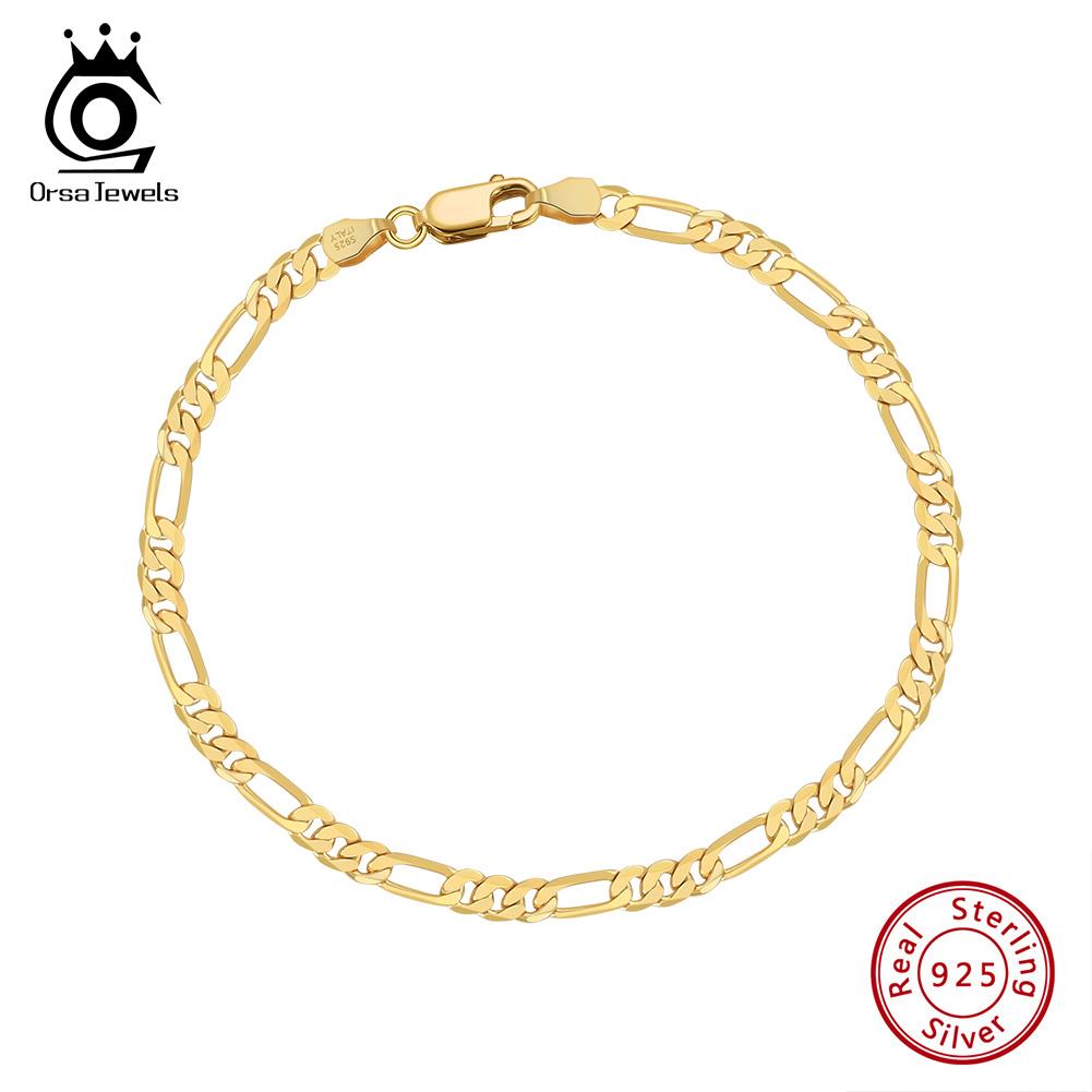 ORSA JEWELS 100% 925 Silver Italian 3.3mm Diamond-Cut Figaro Chain Bracelet for Women Handmade Party Jewelry SB66